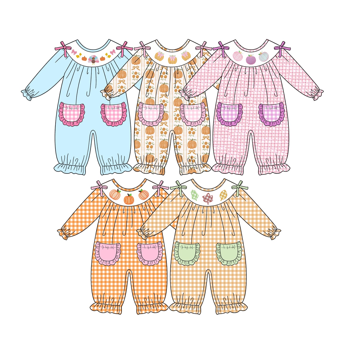 ( Moq 5 Each Style ) Sibling Baby Girls Infant Long Sleeves Pumpkins Pockets Fall Rompers Clothes