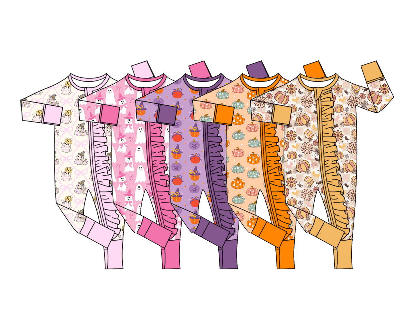 ( Moq 5 Each Style ) Sibling Baby Girls Infant Pumpkins Ruffle Zipper Footie Sleeper Fall Rompers Clothes