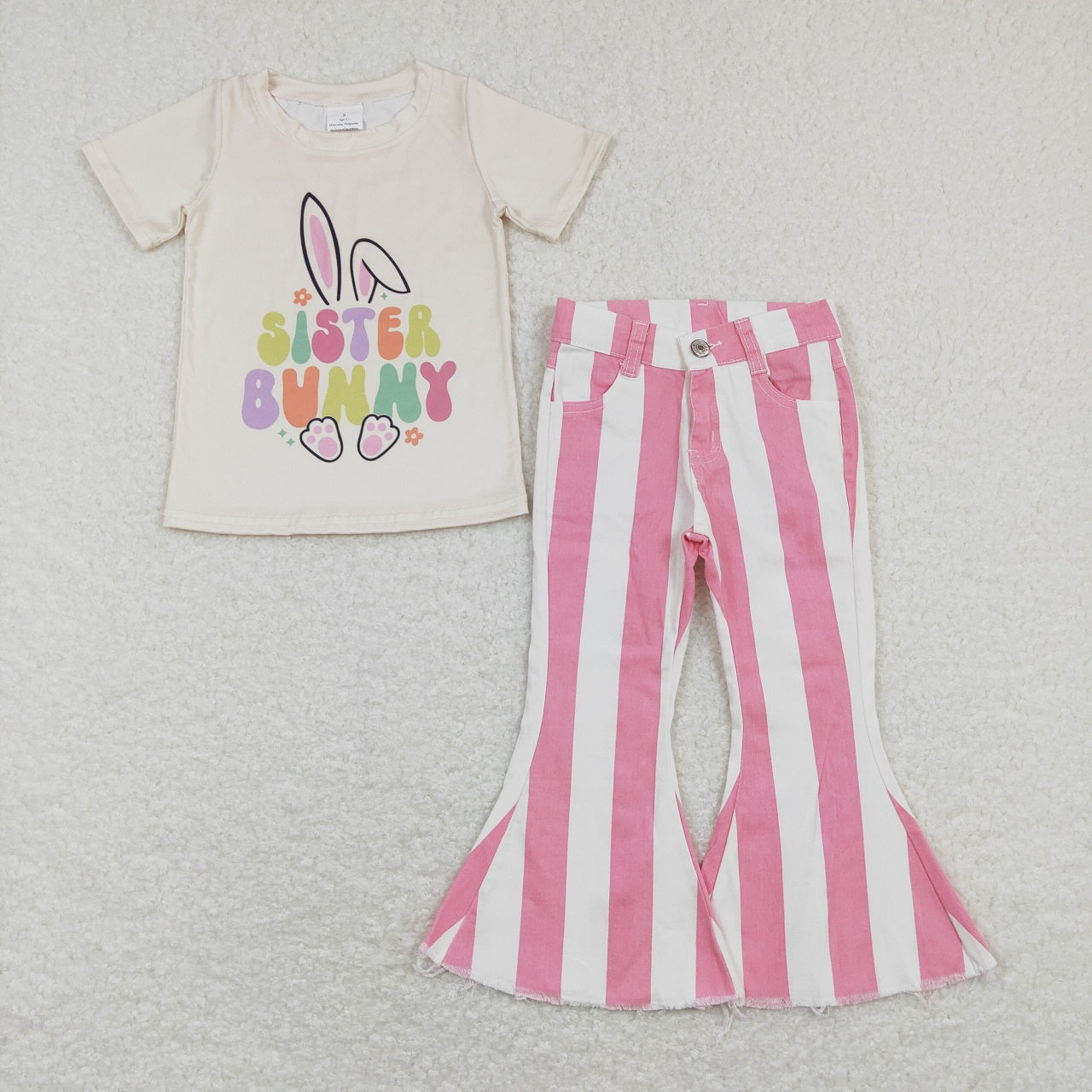 Baby Girl Easter Short Sleeves Rabbit Tops Pink Stripes Denim Pants Set