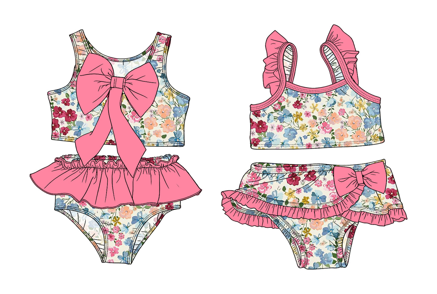( Moq 5 Each Style ) Sibling Baby Girls Kids Flower Tops Ruffle Shorts Pink Bows Sets Summer Swimsuits