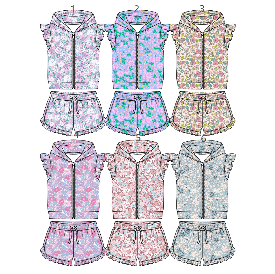 ( Moq 5 Each Style ) Sibling Baby Girls Kids Short Sleeves Flower Zipper Hoodie Tops Shorts Sets Clothes