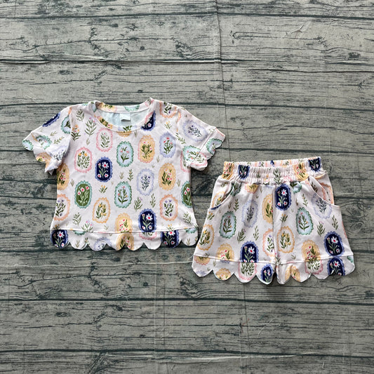 ( No moq ) Preorder Baby Girl Kids Short Sleeves Flower Shirt Shorts Set Scallop Clothes