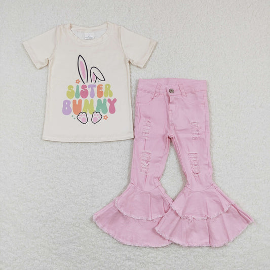 Easter Baby Girl Short Sleeves Rabbit Tops Pink Denim Pants Set