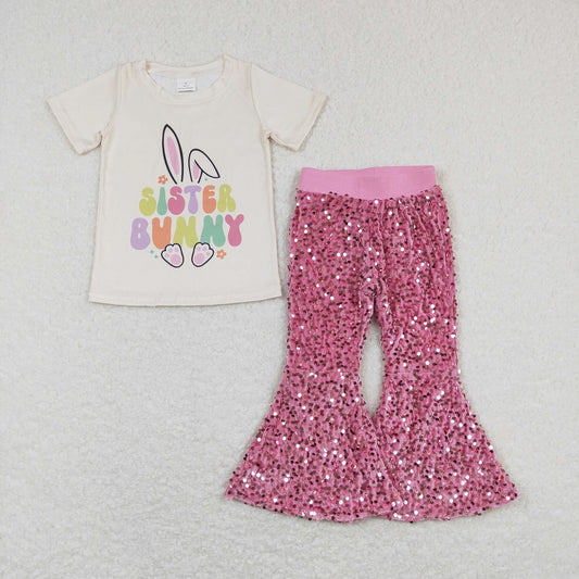 Baby Girl Easter Short Sleeves Rabbit Tops Pink Sequins Pants Outfit