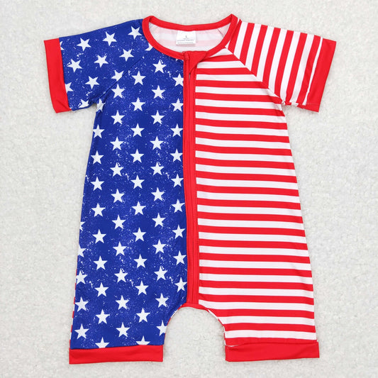 SR0673 Baby Boy July 4th Short Sleeves Stars Stripes Romper