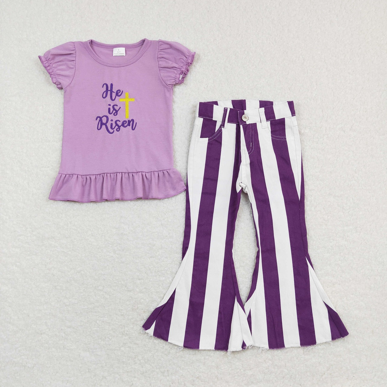 Easter Baby Girl Short Sleeves Embroidery Cross Purple Tops Stripes Denim Pants Set