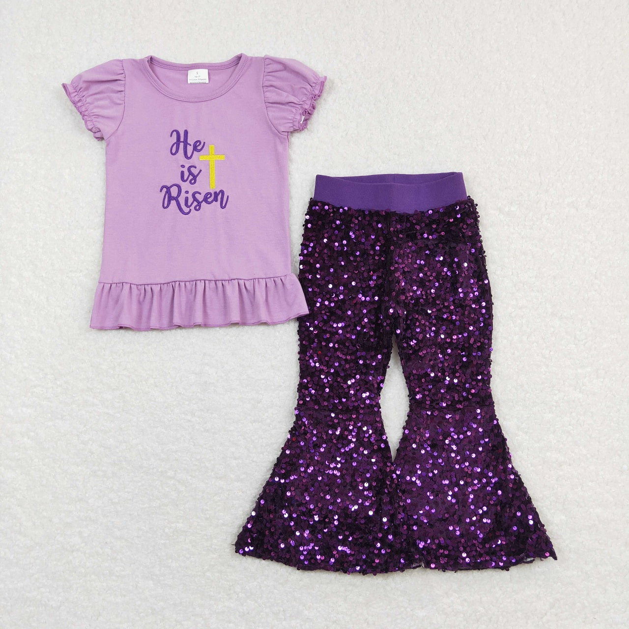 Easter Baby Girl Short Sleeves Embroidery Cross Tops Purple Sequins Pants Outfit