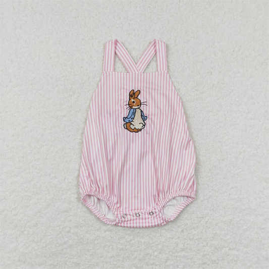 SR0462 Baby Boy Easter Embroidery Rabbit Stripes Pink One Piece Romper