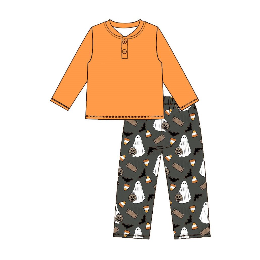 ( Moq 5 ) Preorder Baby Boys Kids Orange Shirt Pumpkins Ghosts Halloween Pants Set Clothes