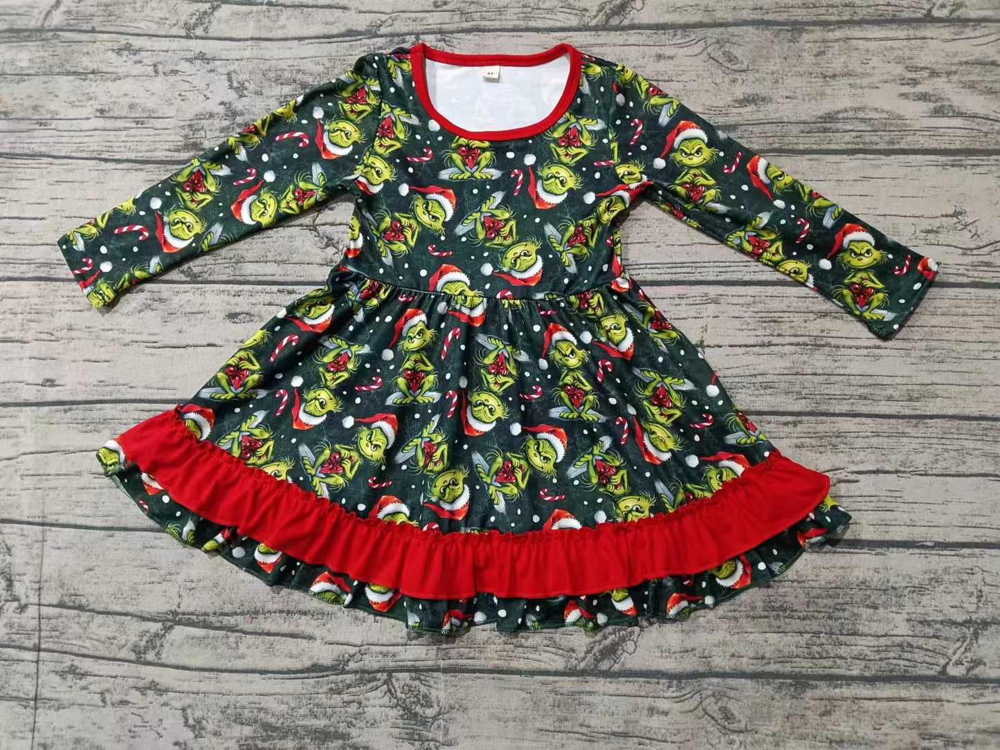 Baby Girl Long Sleeves Christmas Frog Knee Length Green Dress Moq 5