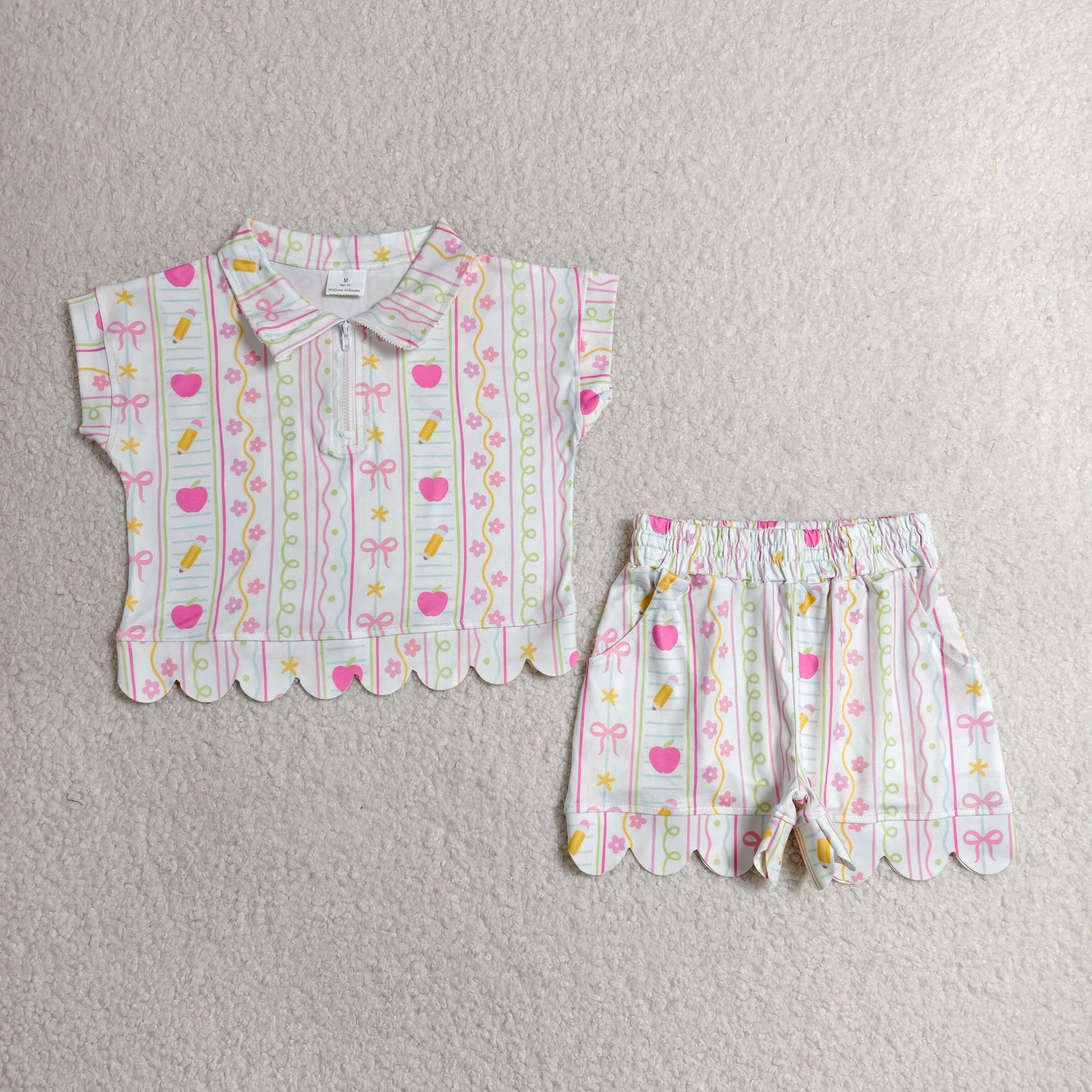 Baby Girls Pencil Flower Bows Zipper Shirt Scallop Shorts Set Back to School Clothes RTS