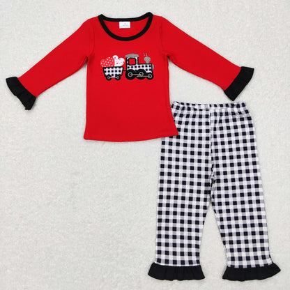 GLP0909 Baby Girl Long Sleeves Embroidery Valentines Hearts Tractor Shirt Plaid Pants Outfit Pajamas