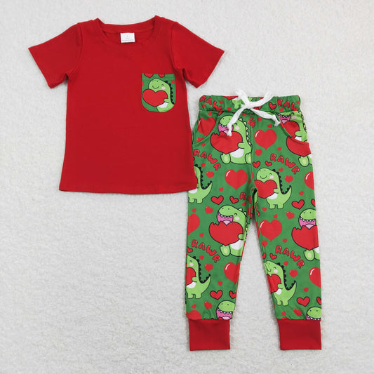 BSPO0229 Valentine's Day Baby Boy Red Short Sleeves Shirt Dinosaurs Hearts Pocket Pants Set