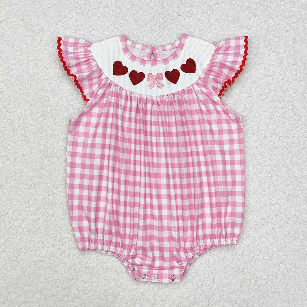 Baby Girl Infant Short Sleeves Checkered Smocked Sibling Holiday Bubble Romper