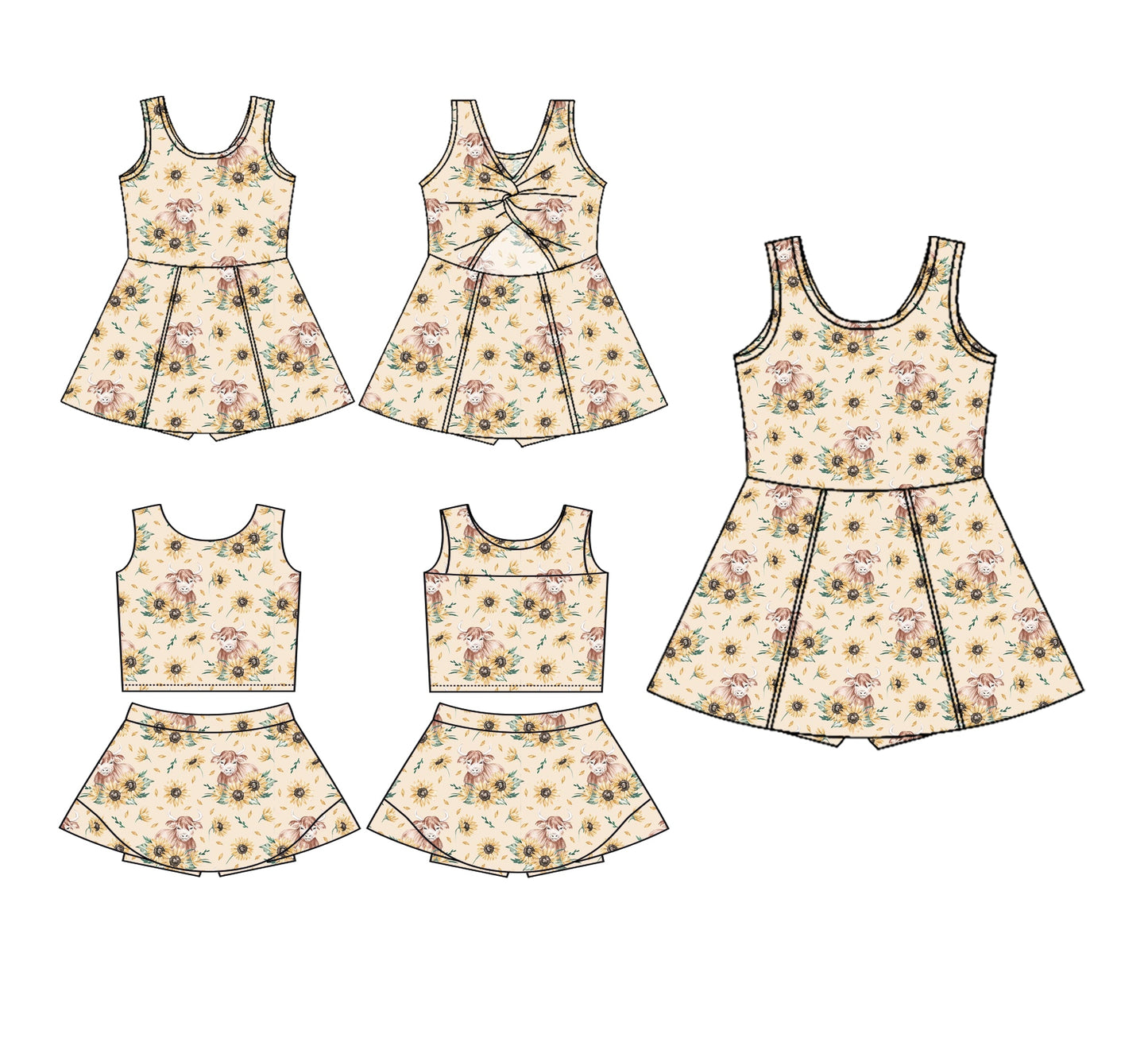 ( Moq 5 Each Style ) Baby Girl Sleeveless Sunflower Cow Western Sibling Dress Set 3.22