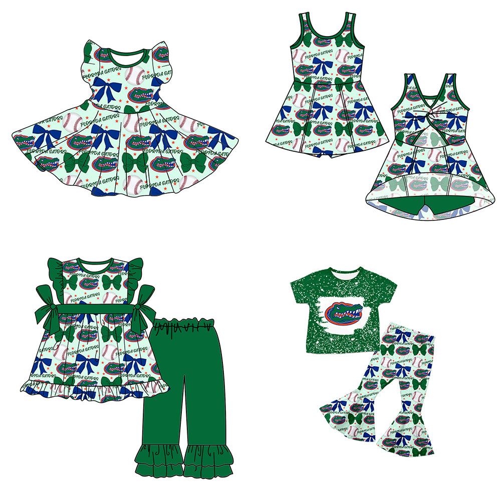( Moq 5 each style ) Baby Girl Toddler Team Bows Baseball Green Sibling Dress Set
