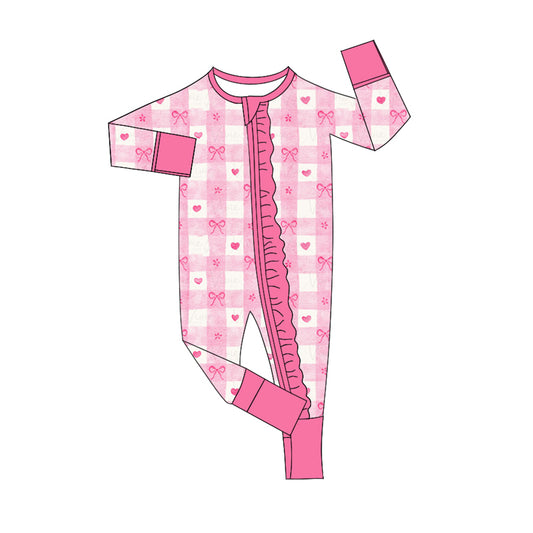 Baby Girl Infant Long Sleeves Valentine Hearts Bow Checkered Zipper Romper Moq 5