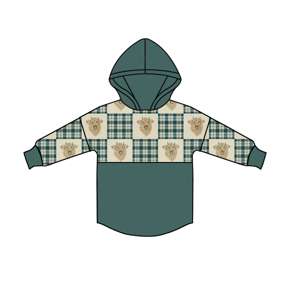 Baby Boy Long Sleeves Cow Green Plaid Western Hoodie Shirt