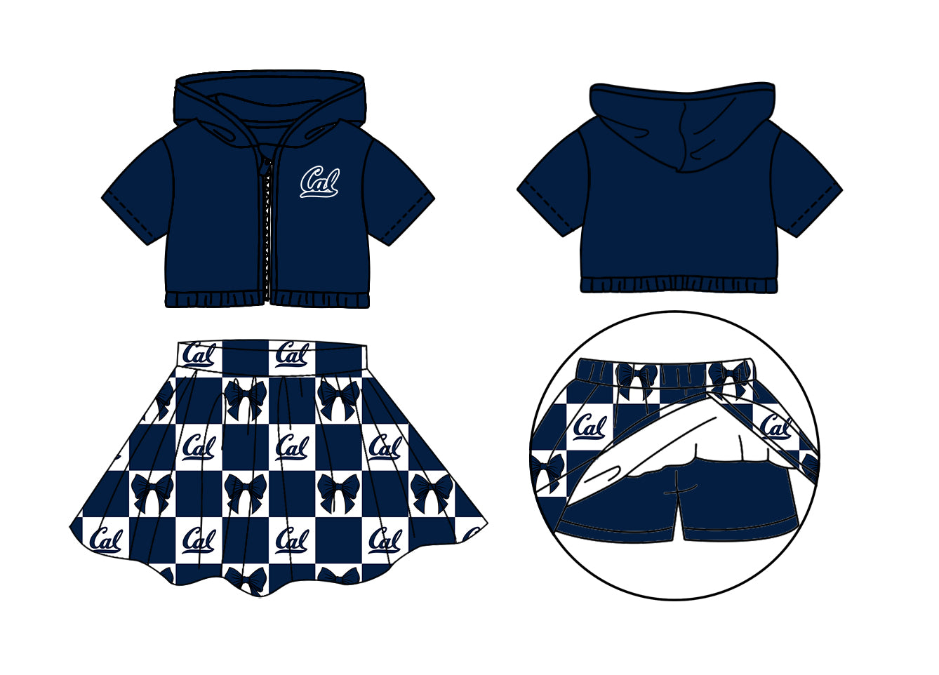 ( Moq 5 Each Style ) Baby Girls Kids Short Sleeves Hoodie Zipper Tops Navy Bows Plaid Shorts Skirt Team Set