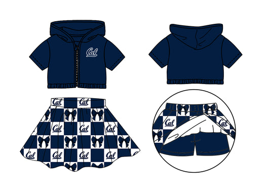 ( Moq 5 Each Style ) Baby Girls Kids Short Sleeves Hoodie Zipper Tops Navy Bows Plaid Shorts Skirt Team Set
