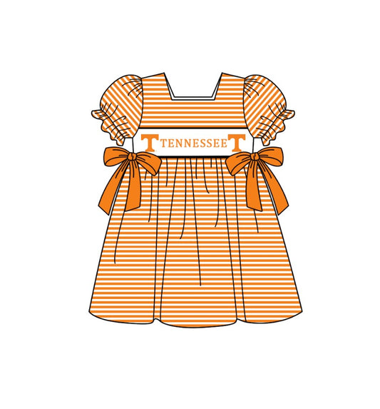 ( Moq 5 ) Baby Girls Toddler Short Sleeves Orange Bows Stripes Knee Length Dress 1.29