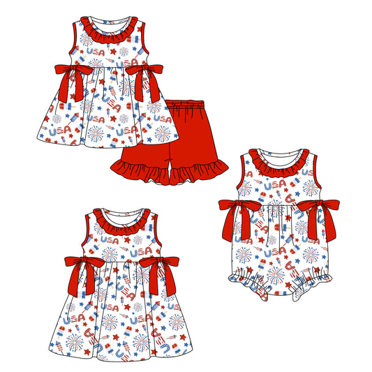 ( Moq 5 Each Style ) Baby Girls Kids Bows Sibling 4th of July Romper Dress Set