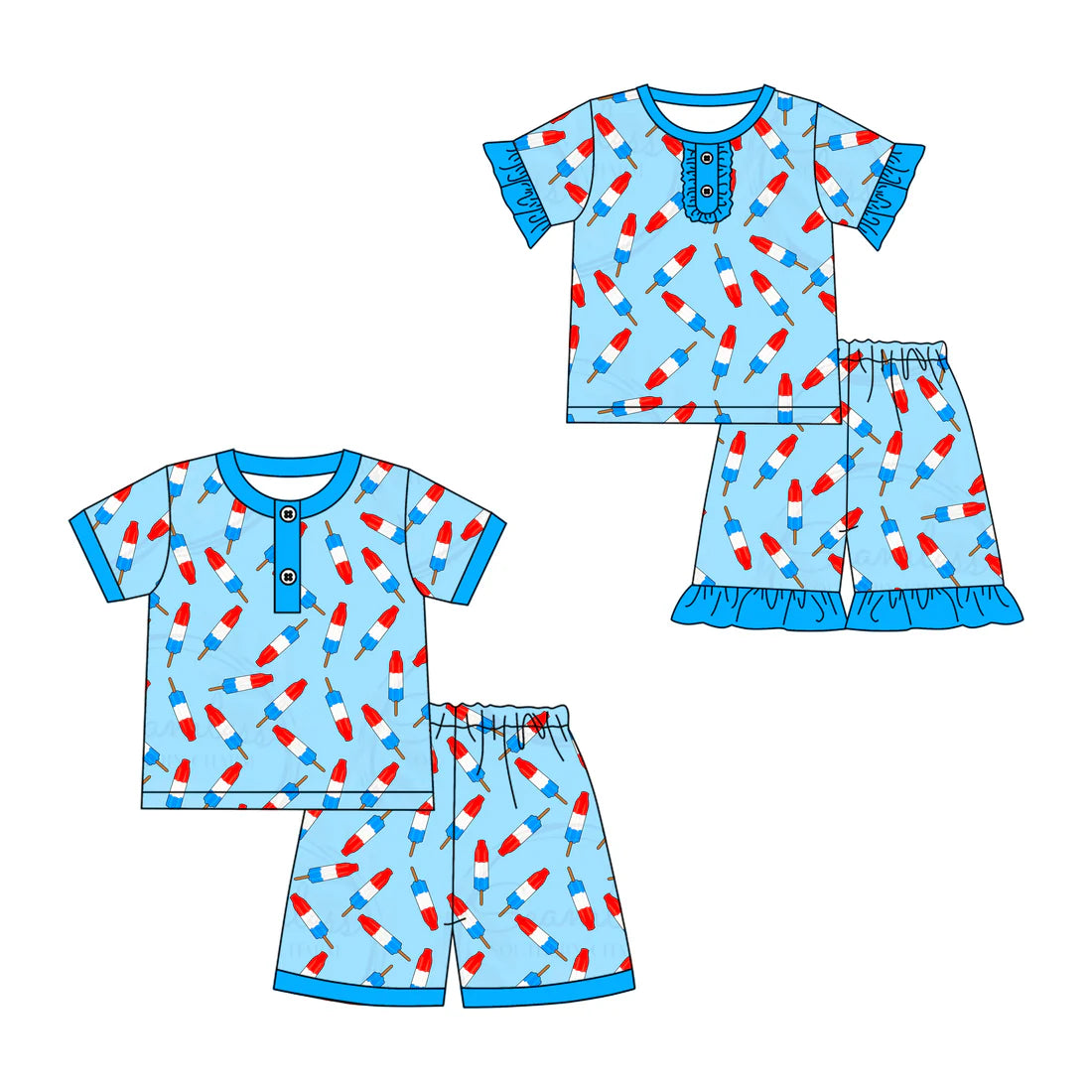 ( Moq 5 Each Style ) Baby Boys Girls Short Sleeves Popsicles Sibling 4th of July Blue Sets