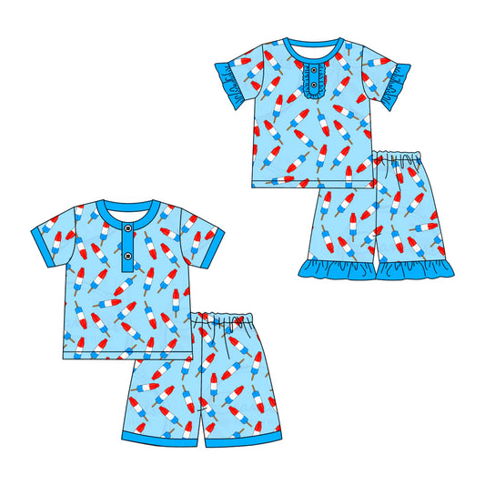 ( Moq 5 Each Style ) Baby Boys Girls Short Sleeves Popsicles Sibling 4th of July Blue Sets