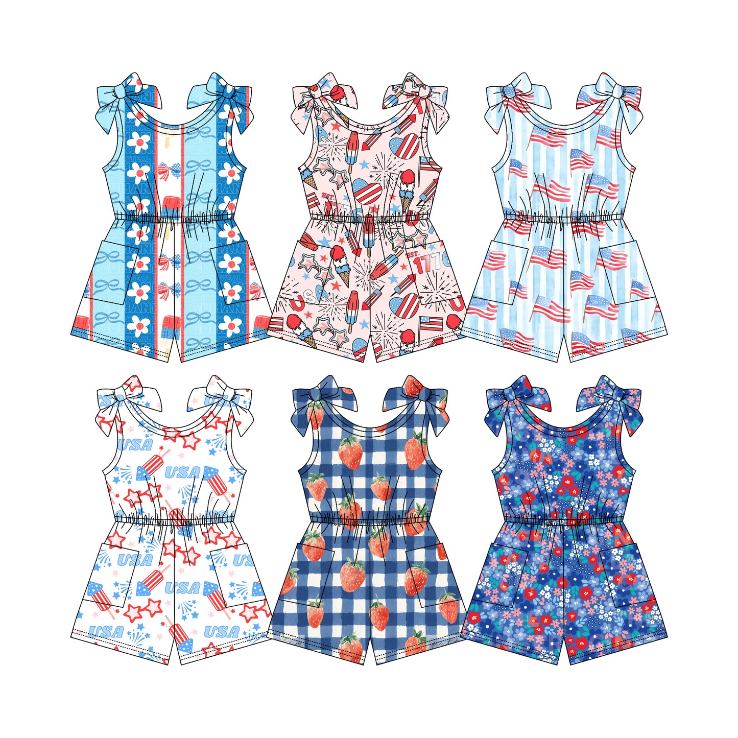 ( Moq 5 Each Style ) Sibling Baby Girls Kids Sleeveless Pockets 4th of July Jumpsuits Summer Clothes