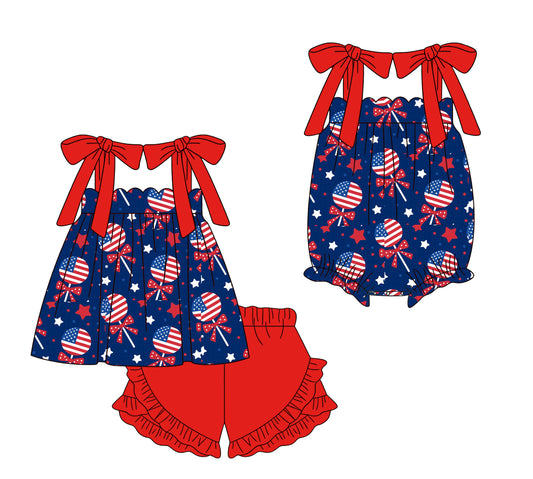( Moq 5 Each Style ) Sibling Baby Boys Bows Flags Tunic Shorts 4th of July Set Romper