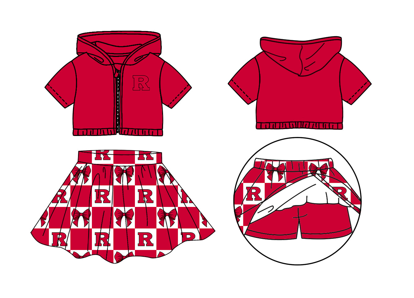 ( Moq 5 Each Style ) Baby Girls Short Sleeves Red Hoodie Zipper Tops R Bows Plaid Shorts Skirt Team Set