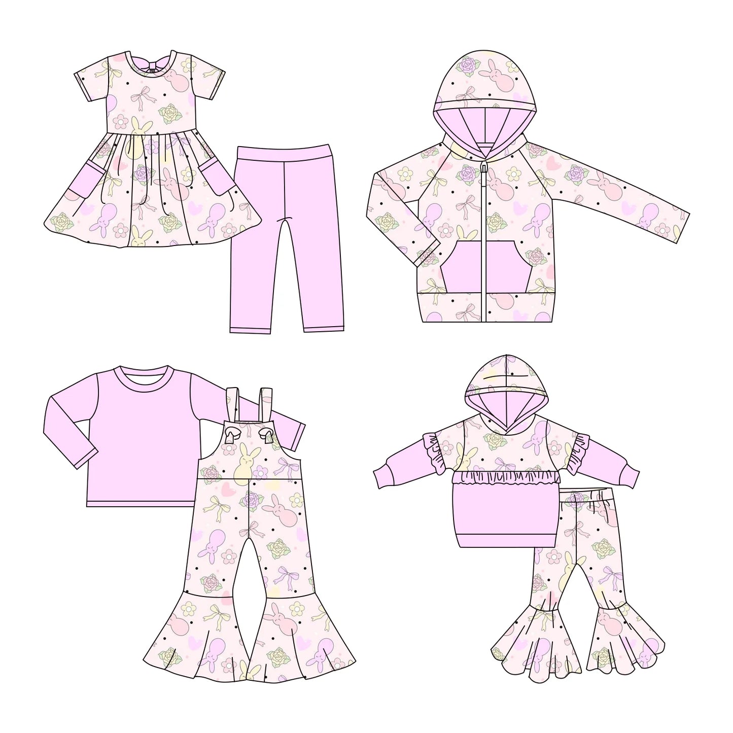 ( Moq 5 Each Style ) Baby Girls Kids Rabbits Bows Flower Easter Sibling Hoodie Shirt Sets