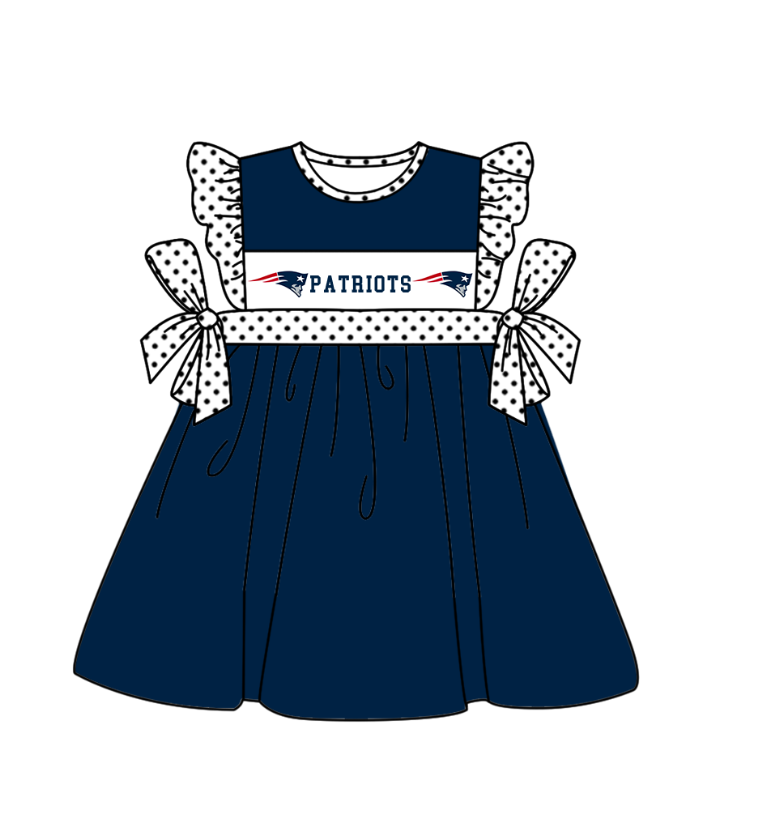 ( Moq 5 ) Baby Girls Toddler Dots Short Sleeves Bows Team Navy Knee Length Dress