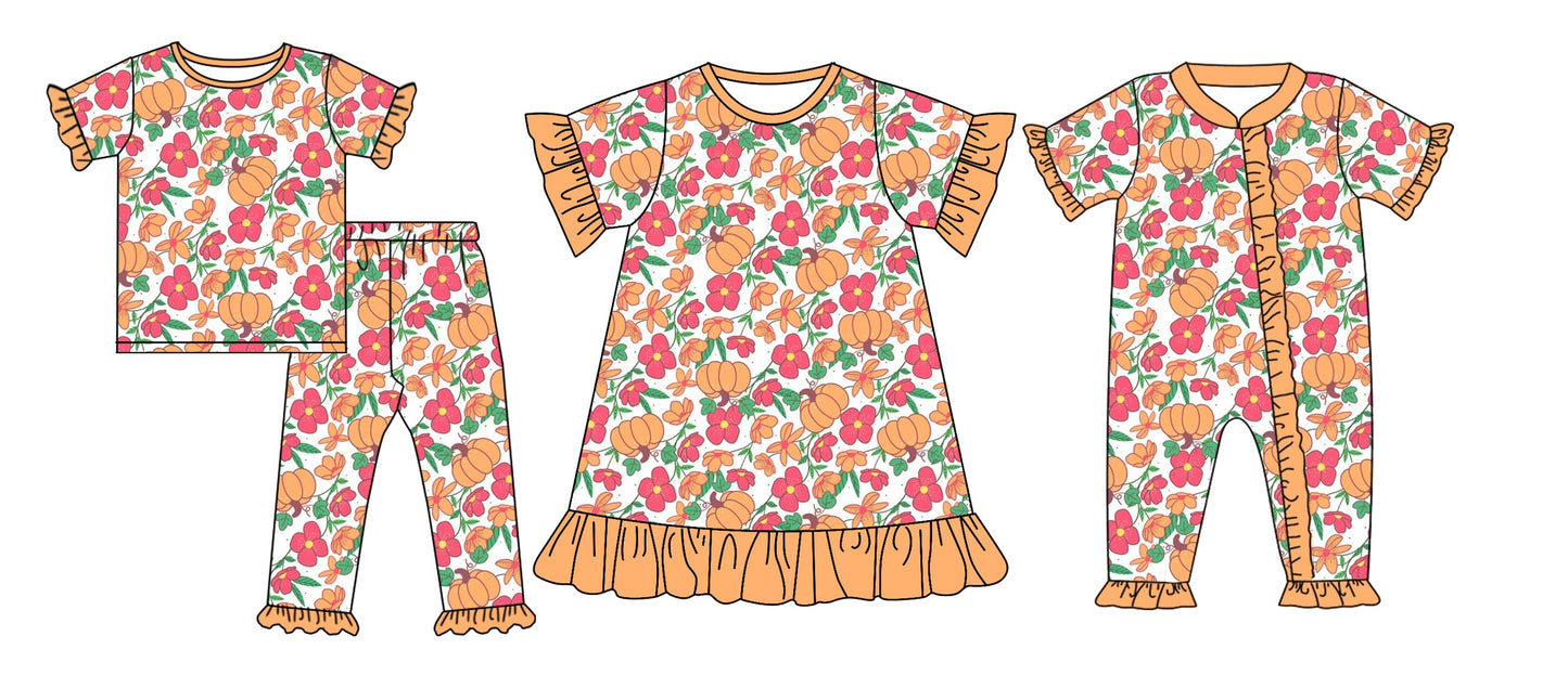 ( Moq 5 Each Style ) Baby Girl Short Sleeves Pumpkins Flower Sibling Romper Dress Set 4.25