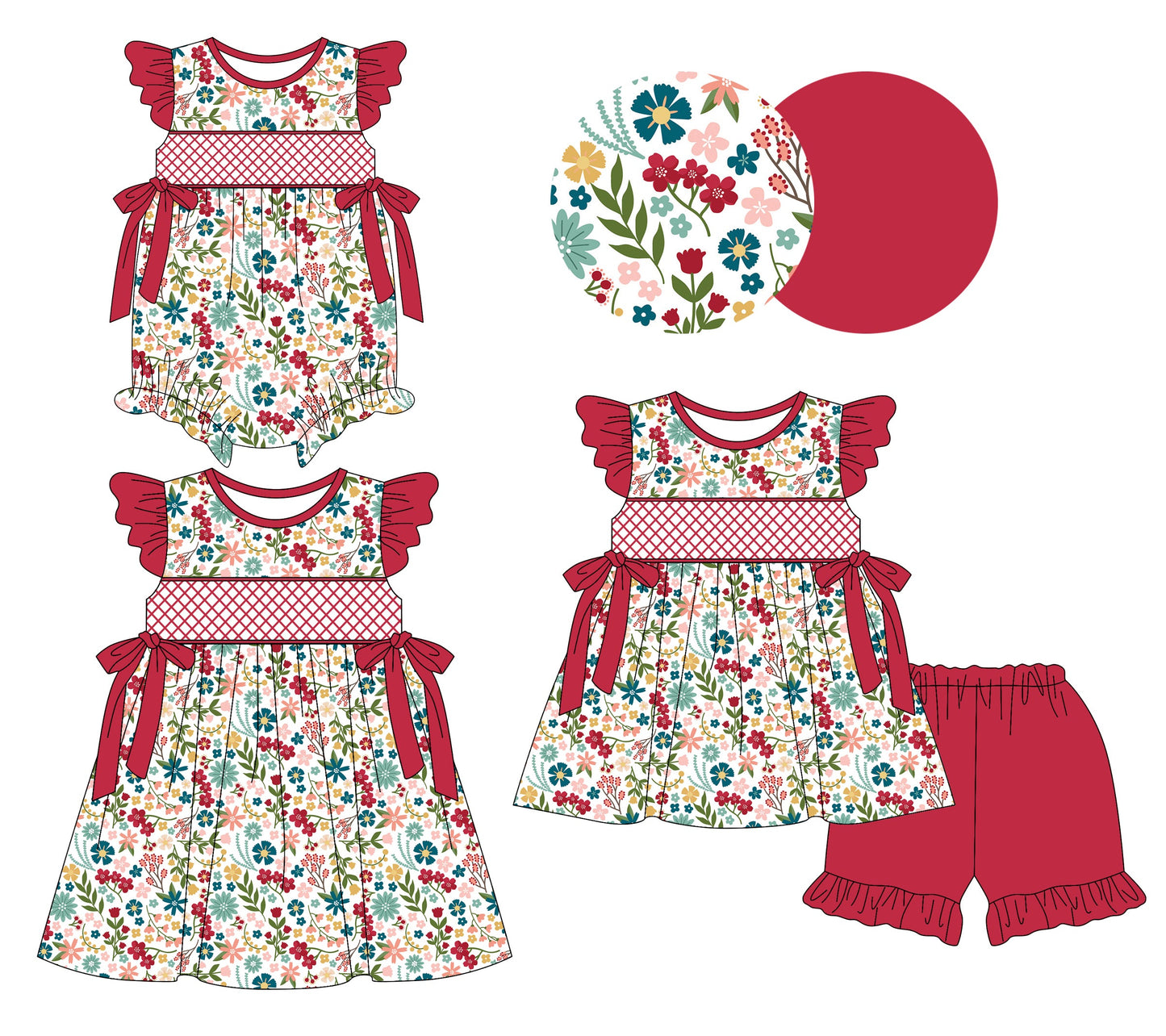 Baby Girl Short Sleeves Flower Red Bows Sibling Romper Dress Set ( Moq 5 Each Style ) 3.8