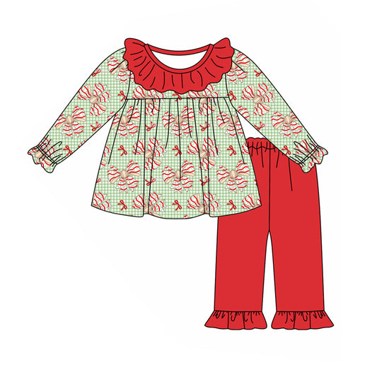 Baby Girl Toddler Christmas Cake Bows Plaid Tunic Red Pants Set