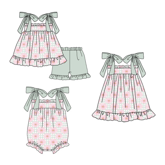( Moq 5 Each Style ) Sibling Baby Girls Kids Flower Plaid Bows Romper Dress Set Summer Clothes