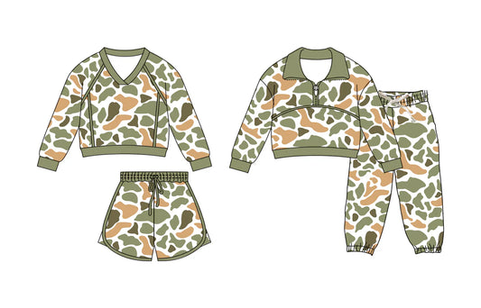 ( Moq 5 Each Style ) Sibling Baby Boys Girls Orange Green Camo Long Sleeves Zipper Shirt Shorts Pants Sets