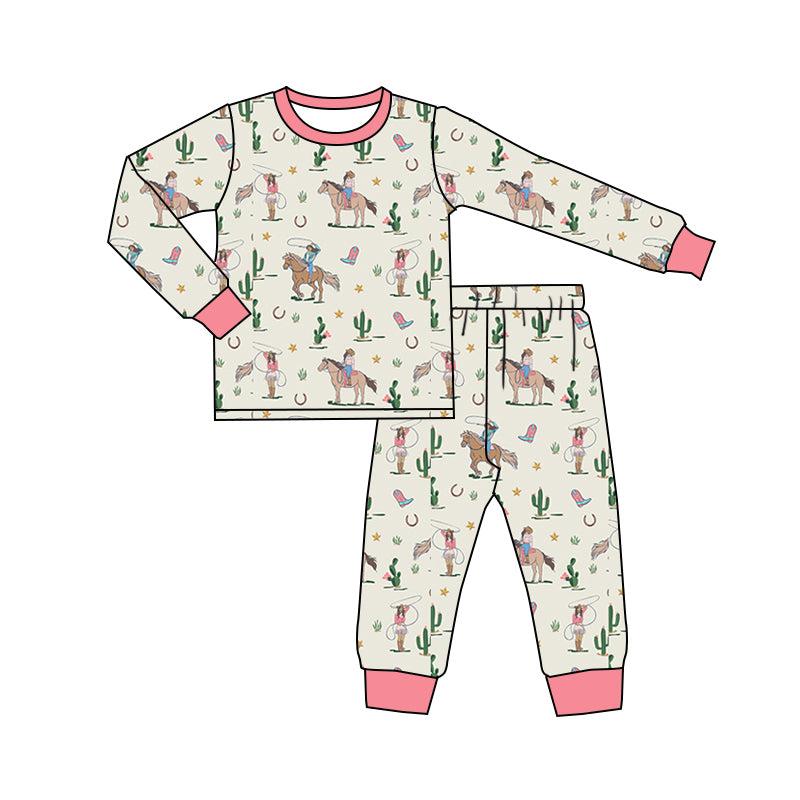 Baby Girl Long Sleeves Western Rodeo Cactus Shirt Pants Pajamas Set