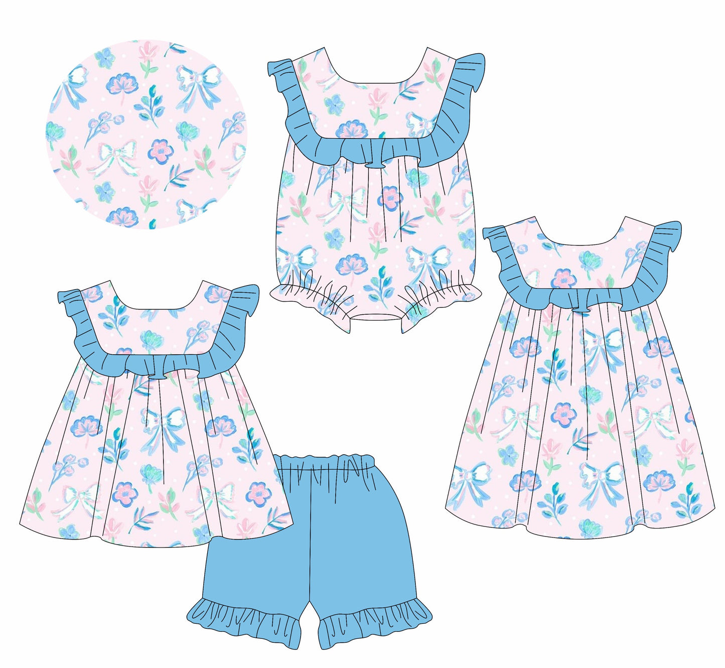 Baby Girl Flower Bows Blue Ruffle Sibling Romper Dress Set ( Moq 5 Each Style ) 1.14