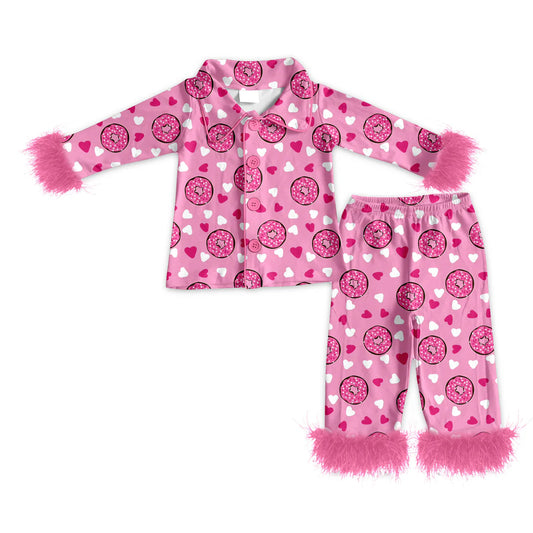 ( Moq 5 ) Baby Girls Fur Long Sleeves Donuts Hearts Buttons Shirt Pants Pajamas Valentine Set
