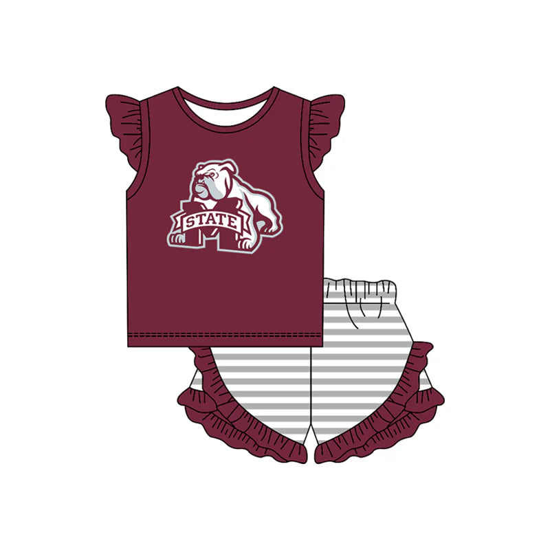 ( Moq 5 ) Baby Girls Short Sleeves Dog Dark Red Shirt Stripes Ruffle Shorts Team Clothes Set