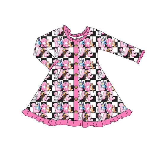 Baby Girl Long Sleeves Valentine Love Dog Checkered Dress