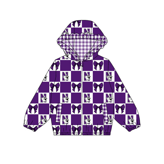 ( Moq 5 ) Custom Baby Girl Kids Pockets Zipper Hoodie Bows Team Jacket Coat Tops