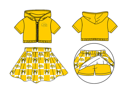 ( Moq 5 Each Style ) Baby Girls Kids Toddler Bird Yellow Hoodie Zipper Tops Bows Shorts Skirt Team Set