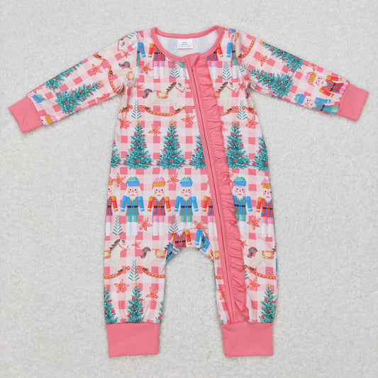 LR0665 Baby Girl Long Sleeves Christmas Soldiers One Piece Zipper Romper