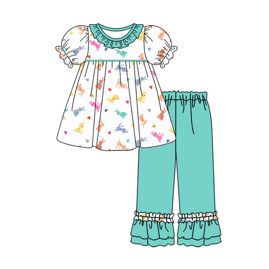 Baby Girl Short Sleeves Rabbit Hearts Tops Green Ruffle Pants Easter Set Moq 5