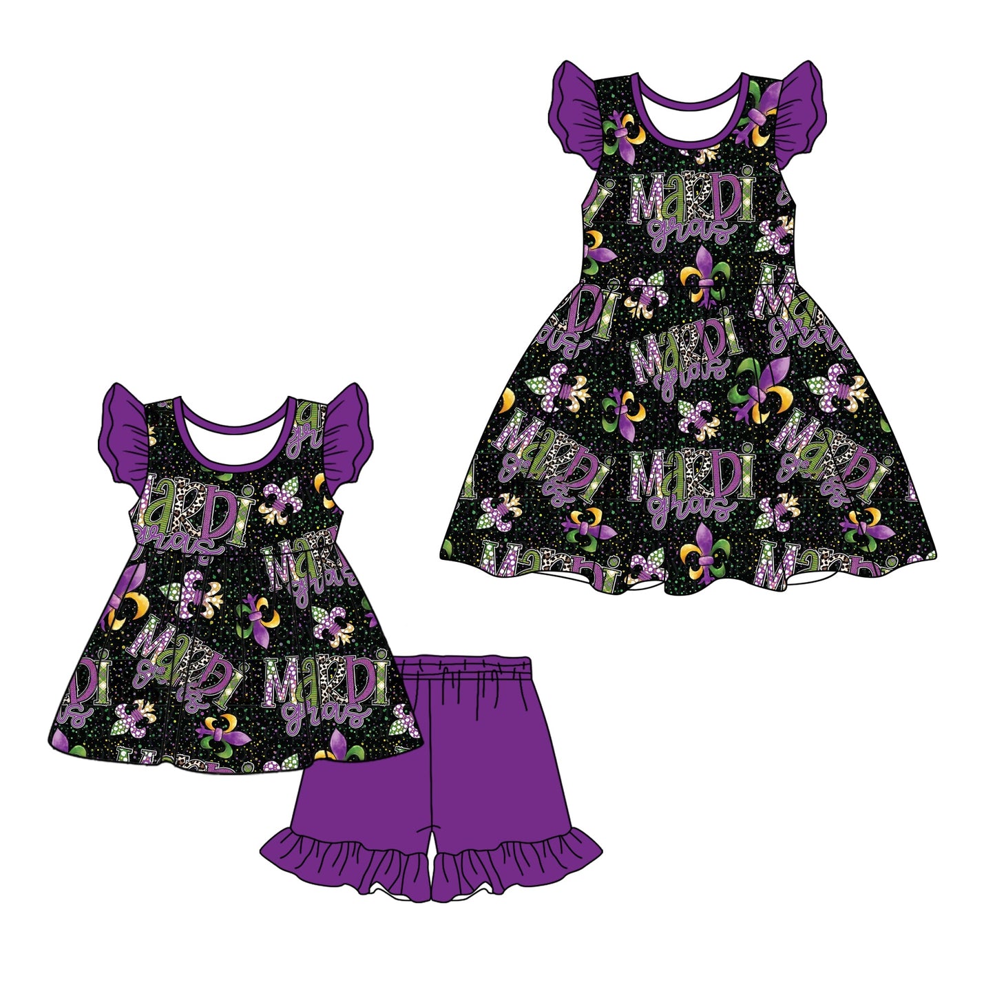 Baby Girl Short Sleeves Mardi Gras Purple Sibling Dress Set ( Moq 5 Each Style ) 12.27