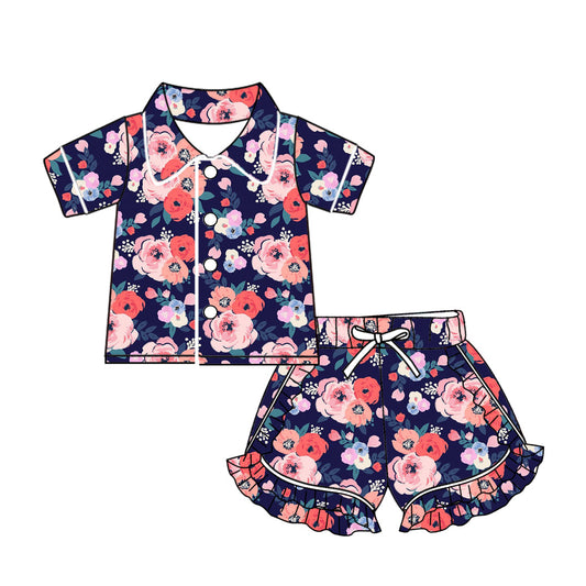 Baby Girl Short Sleeves Flower Buttons Shirt Shorts Pajamas Set Moq 5