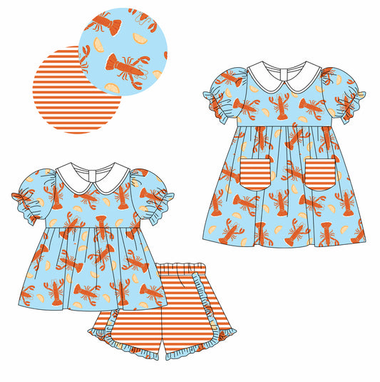 Baby Girl Short Sleeves Crawfish Stripes Sibling Dress Clothes Set ( Moq 5 Each Design ) 12.3